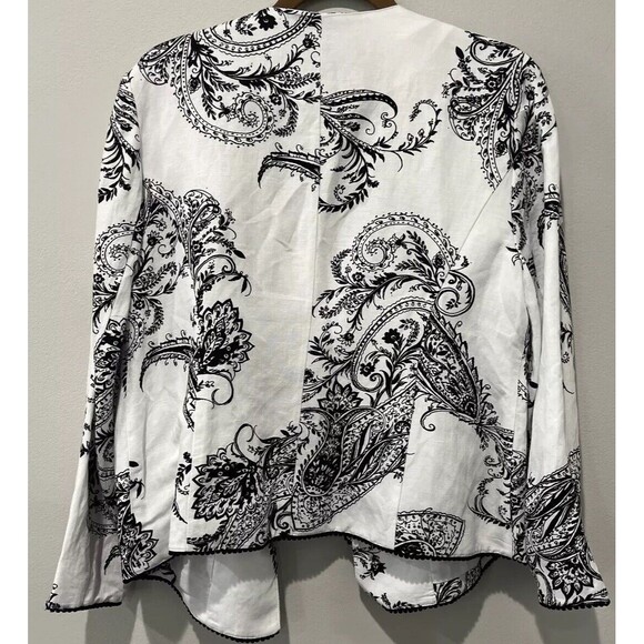 CHICOS Jacket 2 Large Black White Linen Blend Open Blazer Floral Paisley Drape - Picture 2 of 8